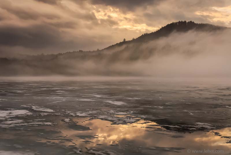 Post Pond,Lyme NH,Mist,Hill and Melting Ice II