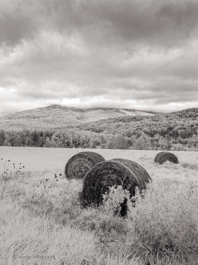 Three Abandonded Hay Bales, Ascutney Mountain, Low Clouds, Infrared